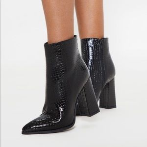 Pretty Little Thing Black Crocodile Boots